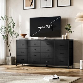 Patikuin 63" W Black Dresser TV Stand for 65 70 75 Inch TV, 14 Drawer for Bedroom with Power Outlets, Large Long Fabric Dresser Entertainment Center