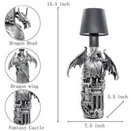 Hmusnwol Dragon Statue Lamp Gothic Decor-Dungeons and Dragons Gifts - Bottle Lamp 5000mAh Battery Operated, 3 Color Stepless Dimming Up for Bedroom/Bookshelf/Desk