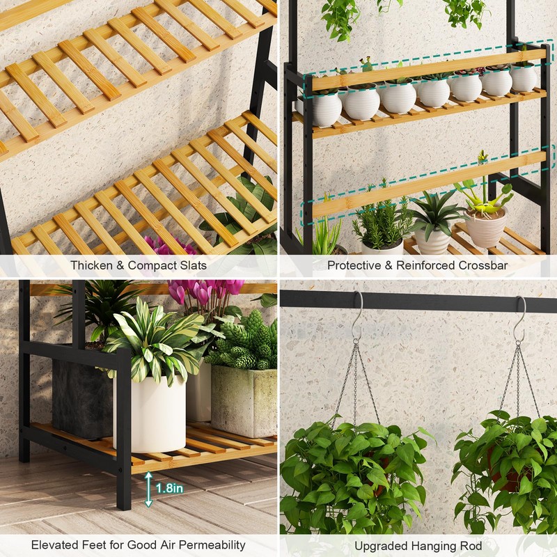 Ufine Bamboo Hanging Plant Stand 3 Tier Ladder Shelf with