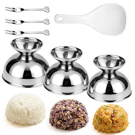 Boocalny 3 Size Stainless Steel Rice Press Mold, 5.4/6.8/10.1 OZ Round Shaped Egg Fried Rice Press Cutter with Rice Paddle,Silver Rice Ball Mold Serving Bowl for Sushi Lunch Bento Dish Up Decoration