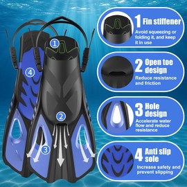 MELUMILU Snorkel Fins, Swim Fins Travel Size Short Adjustable for Snorkeling Diving Adult Men Women Open Heel Swimming Flippers (Blue)