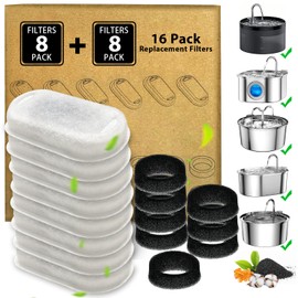 Cat Water Fountain Filters - 16 Pack Cat Fountain Filters for 3.2L/108oz & 2L/67oz Pet Water Fountain, Three-Layer Filtration Replacement Filters(8+8 Pack), Package Amount for 4 Months