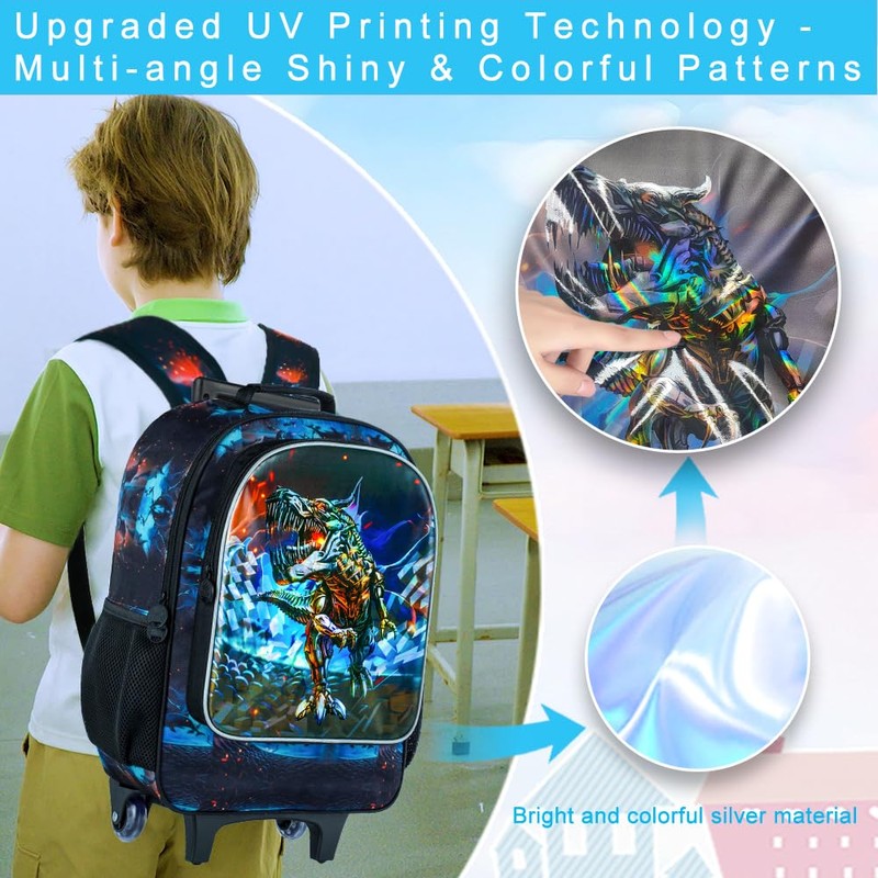 4PCS Rolling Backpack for Boys,Kids Dinosaur Backpacks with Roller Wheels,