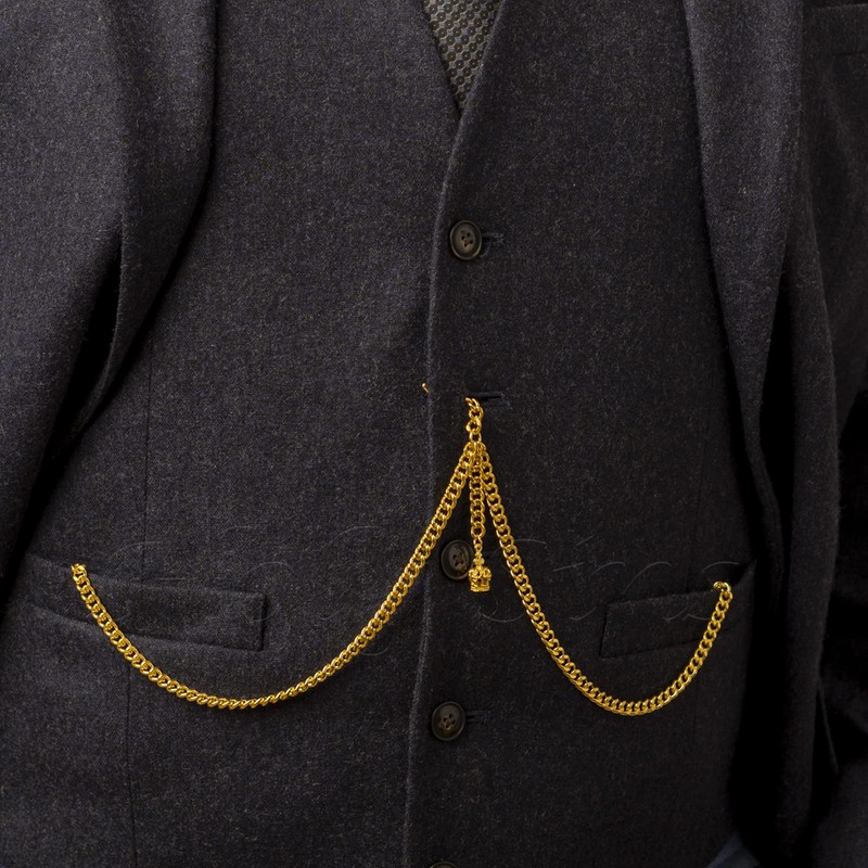Gold Colour Double Albert Pocket Watch Chain With Crown Pendant