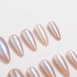 Pearl Chrome Hand Painted Almond Press On Nails, Pearl Chrome Arylic Fake Nails for event, gift for her (Nude, L)