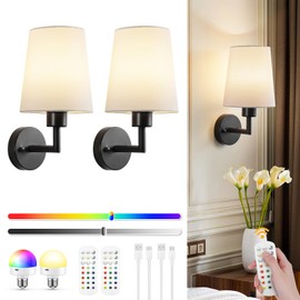 Battery Operated Wall Sconce Set of Two, Wireless Rechargeable Wall Lights, Modern Wall Lamps with Remotes and Dimmable RGB LED Bulbs, Indoor Black Sconces Wall Decor for Bedroom Living Room Hallway