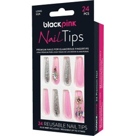Blackpink Press-On Nail Tips Ready Painted Long Perfect Fit Ready To Go, Glue Included, Reusable, Glue on Nails, Long Nail Kit 24PC