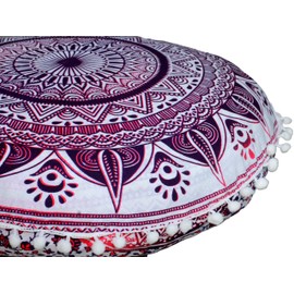 Round Mandala Floor Pillow Cover Seating Cushion Throw Cover Hippie Decorative Bohemian Ottoman Pouf Cover, Pom Pom Pillow Cases,Boho Indian 22 Inches (Red Yellow) (Pink)