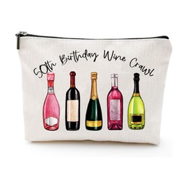 50th Birthday Wine Crawl Gifts Makeup Bag, Tavel Small Comestic Bag with Zipper, Funny Makeup Comestic Organizer Bags for Women, 50Year Old Woman Birthday Party Favors Supplies Gift Ideas for Mom 2pcs