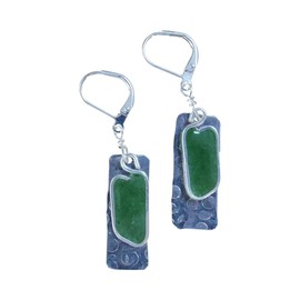 Beads by Bettina Handmade Lightweight Aluminum Dangle Earrings, Green Resin, Hammered Rectangle, Silver Tone, Nickel Free, 1.25 Inch, Made in USA