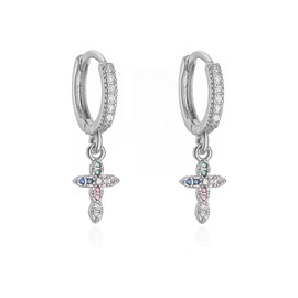 Cute Cross Dangle Drop Cartilage Small Huggie Hoop Earrings for Women Girls Colorful Cubic Zirconia Minimalist Charm Dangling Cuff Sleeper Hoops Dainty Jewelry Gifts Birthday Xmas (Silvery)
