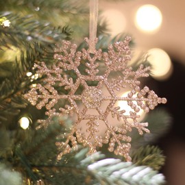 Christmas Plastic Snowflake Ornaments, 12pcs Sparkling White Iridescent Glitter Snowflake Ornaments on String Hanger for Decorating, Crafting,Wedding and Embellishing (Champagne Color)