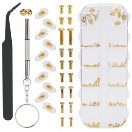 Eyeglass Repair Kit - Contains 5 Pairs of Nose Pads, 10 Types Gold Colored Screws, Nuts, Screwdriver, Tweezers, for Eyeglasses, Sunglasses, presbyopes, Watch Repair.