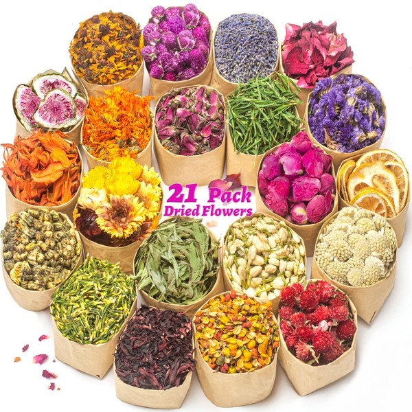 LAVEVE Dried Flowers, 21 Bags 100% Natural Dried Flowers Herbs Kit for Soap Making, DIY Candle, Bath, Resin Jewelry Making - Include Lavender, Don't Forget Me, Lily, Rose Petals, Jasmine and More