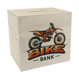 Motocross Motorcycle Money Box Made of Wood with Saying Bike Bank, Perfect Off-Road Money Box Made of Wood in Motocross Motorcycle Design in Orange/Black with Cool Lettering Below