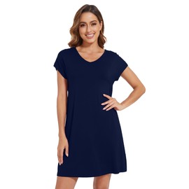 BambooBud Nightgowns for Women Short Raglan Sleeve Pajama Gowns Nightshirts Viscose from Bamboo Sleepwear Pjs S-XXL, Navy, XX-Large