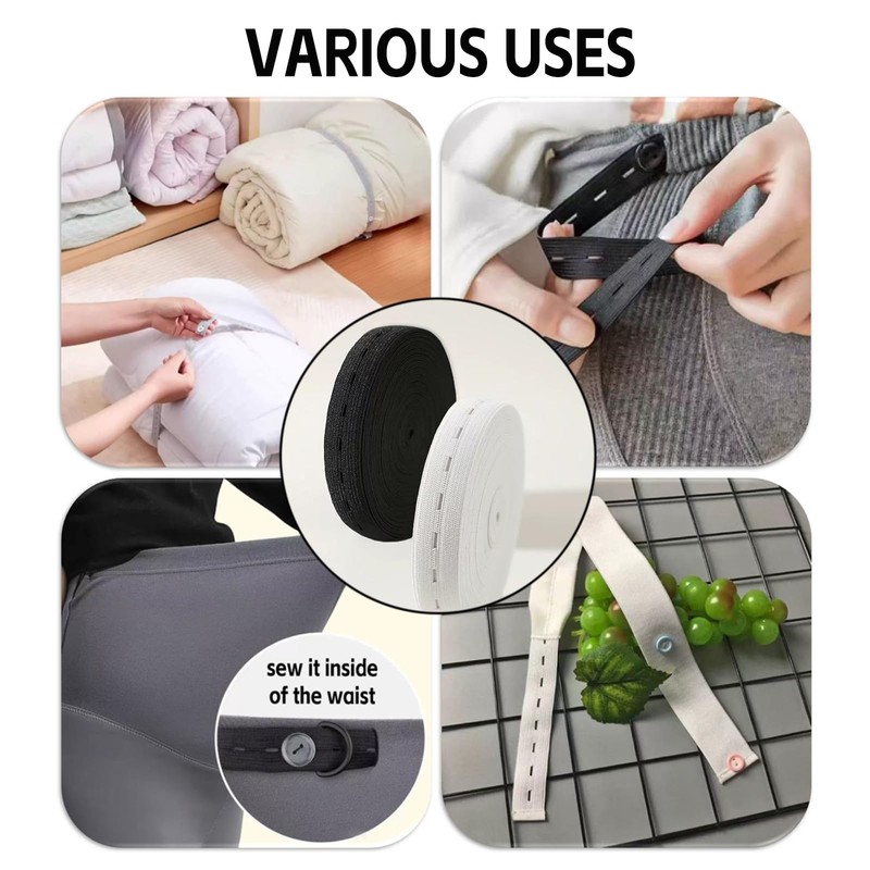 Black & White Elastic Sewing Bands with Buttonhole,3/4 Inch width,total