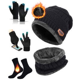 Gorro Invierno Bufanda y Guantes Tactiles y Calcetines Termicos,Gorros con Tejido de Punto y Bufandas con Forro de Lana para Hombres y Mujeres,Set de bufanda, Gorro y Guantes para Esquiar