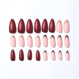 Almond Press On Nails Medium False Nails Red Gold Star Glitter Acrylic Fake Nails Full Cover Stick on Nail Artificial Glossy French Tip Fake Nails DIY Manicure Decoration for Women Girls 24Pcs