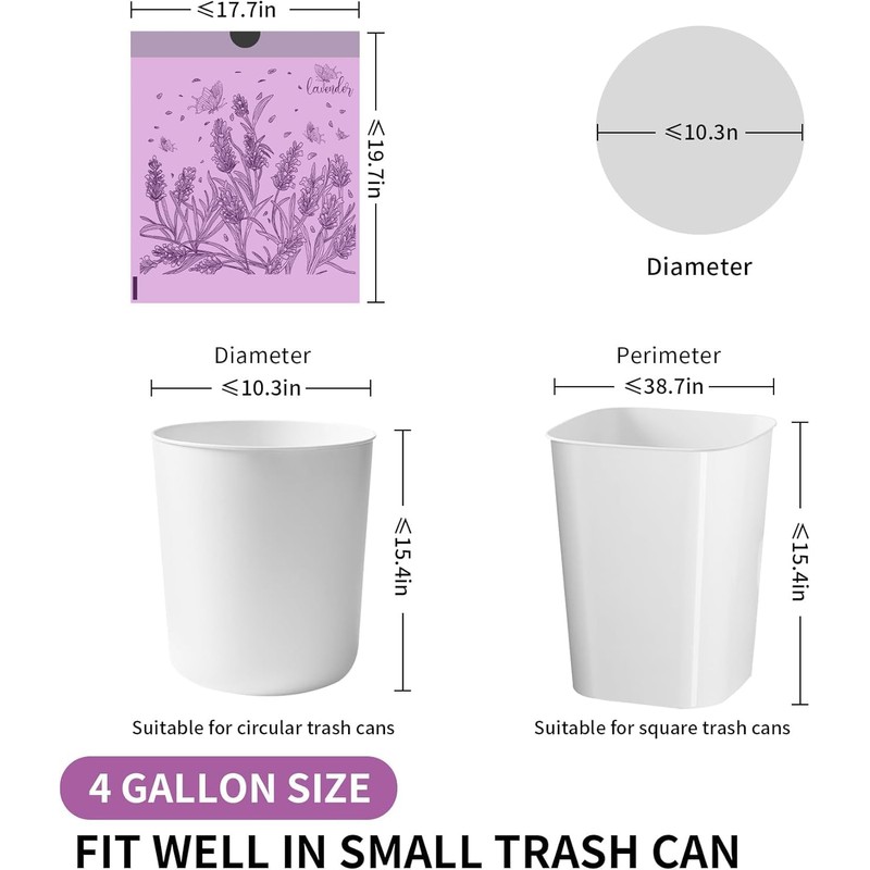 50-Pack 4 Gallon (15L) Drawstring Bin Liners | Colourful Lavender-Printed