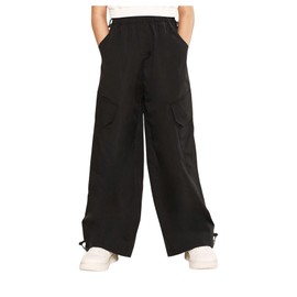 SHENHE Girl's Parachute Wide Leg Cargo Drawstring Elastic Waist Track Pants Black 11 Years