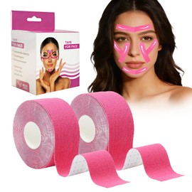 2 Pieza Cinta lifting facial, 2.5*10M Parches de Antiarrugas(Rosa) | Fabricada con algodón hipoalergénico y altamente elástico, reduce las arrugas faciales, la papada y la flacidez de la piel.