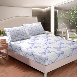 Juego de ropa de cama de lazo morado, tamaño matrimonial, estilo princesa, juego de sábanas bajeras de lazo de cuento de hadas con lazo cruzado morado y blanco para recámara de niños y adolescentes