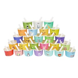 Yanghad Paper Disposable Ice Cream Bowls Ice Cream Cups with 25 Animal Figures and Letters, 25 Pieces Paper Dessert Cups 6 oz 180 ml with 25 Spoons