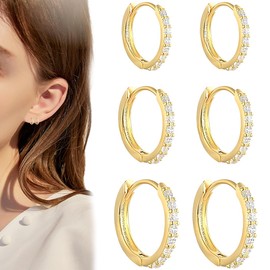 SJBAUTYO 3 Pairs of Hoop Earrings Set with Zirconia AAA+ Hypoallergenic Small Hoop Earrings Sleeping Golden Earrings Hoop Earrings Women's Jewellery 6/7/8 mm, Gold