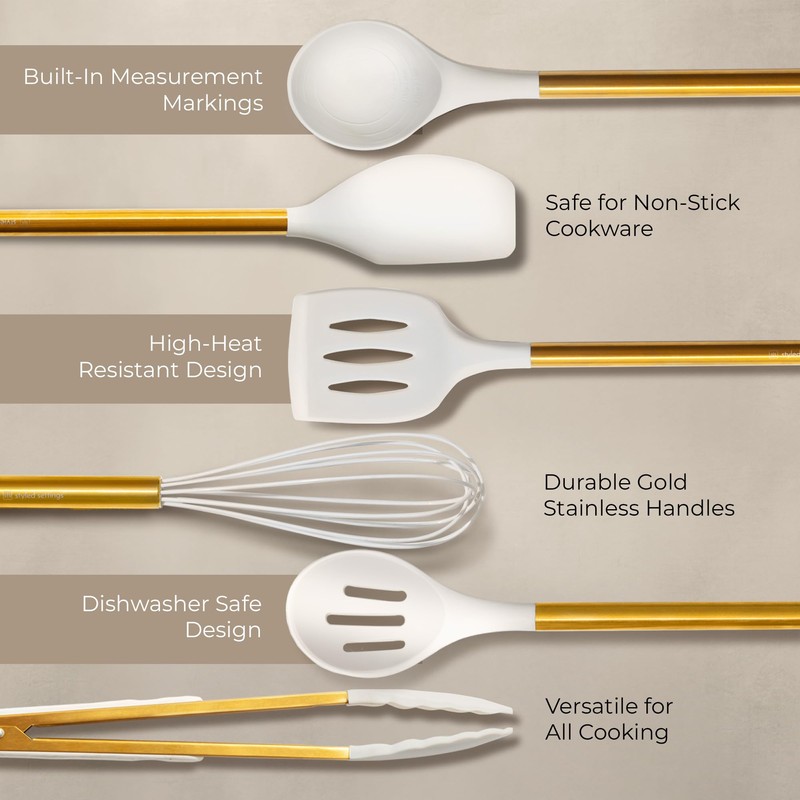 8 Piece White and Gold Kitchen Utensils – White Silicone