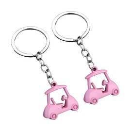FALVFUN 2PCS Car Golf Cart Keychain, Zinc Alloy Golfer Vehicle Key Chains, Automotive Key Ring Holder Ornament, Universal Fit (Pink)