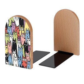 Buyidec Book Ends Funny Cats Wood Bookends for Shelves to Hold Books Heavy Duty Non-Skid Book Stoppers Wood Decorative Home Office School