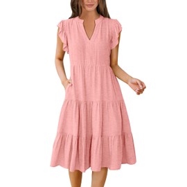 ANRABESS Womens Summer Ruffle Sleeve V Neck Midi Dress 2025 Fashion Casual Fit Flowy Tiered Boho Beach Vacation Sundress Peach-M