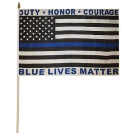 Trade Winds Wholesale Lot of 12 Duty Honor Courage USA Thin Blue Line Blue Lives Matter 12x18 12"x18" 100D Woven Polyester Nylon Stick Flag 30" Wooden Staff