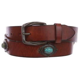 1 1/4" Women's Western Antique Copper Concho Turquoise Stone Studded Leather Belt, Tan | s - 27"~30"