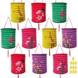 10 PCS Chinese Japanese Paper Lanterns with LED Lights, 6.3inch Hanging Paper Lantern Decoration 6.3 in Hanging Lanterns for Asian Birthday Hibachi Wedding Baby Shower Party Lunar New Year Decor