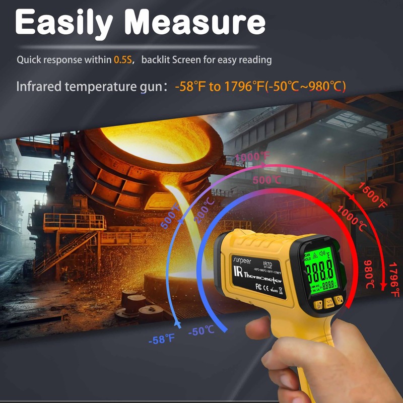 Infrared Thermometer Temperature Gun 1796°F, 50:1