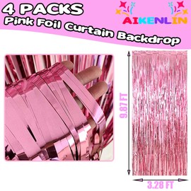 4 Pack Pink Foil Fringe Curtain Backdrop, 3.2Ft x 9.8Ft Metallic Tinsel Foil Fringe Streamers Curtains for Party, Photo Booth Props, Birthday, Wedding, Christmas Party Decoration Supplies