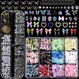 KACHIMOO 2 Boxes Mixed Nail Charms and Rhinestones 3D Butterfly Flower Bow Heart Bear Nail Art Charms Flatback Pearl Nail Gems Nail Chains for Nail Art Design