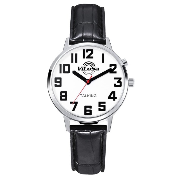 ViLoSa English Talking Watch Speaks The Time, Date or Alarm time for Elderly, Impaired Sight or Blind. White Face-Black Numbers with Stainless Expand Strap, black
