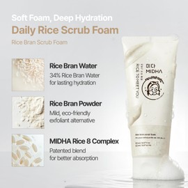 MIDHA RICE BRAN SCRUB FOAM 5.07fl.oz/150ml, Deep Cleansing, Pore-Purifying, Gentle Exfoliating – Soft Micro-Foam Face Wash with Balanced pH & Hydrating, Nourishing Care