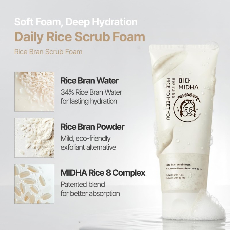 MIDHA RICE BRAN SCRUB FOAM 5.07fl.oz/150ml, Deep Cleansing, Pore-Purifying, Gentle