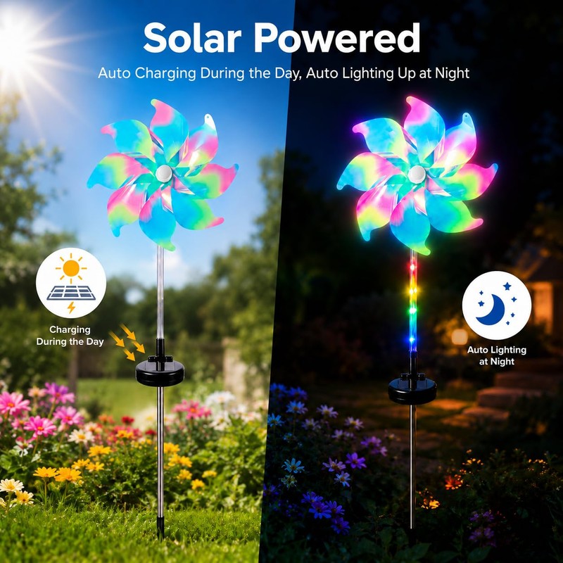 360° Solar Wind Spinners with Led Lights, Windmill for Yard