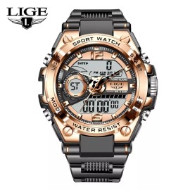 Lige Men's Luxury Watch Quartz Digital Luminous Date 5ATM Waterproof Sport Wristwatch - Black Gold