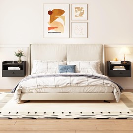 Floating Nightstand Set of 2 Modern Night Stands with Drawer and Open Shelf Cubby Small Bedside End Table with Charging Station Wall Mounted Nightstands Set 2 for Bedroom Black