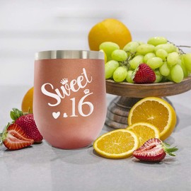 AIQIUQIU 16th Birthday Tumbler, Sweet 16th Funny Ideas Birthday Gifts for Girls, Sister, Friends, Daughter, 12oz Vacuum Insulated Wine Tumbler Coffee Cup with Leak Proof Lid, Rose Gold