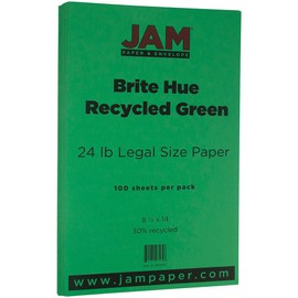 JAM PAPER Colored 24lb Paper - 215.9 x 355.6 mm (8 1/2" x 14") Legal - Green Recycled - 100 Sheets/Pack