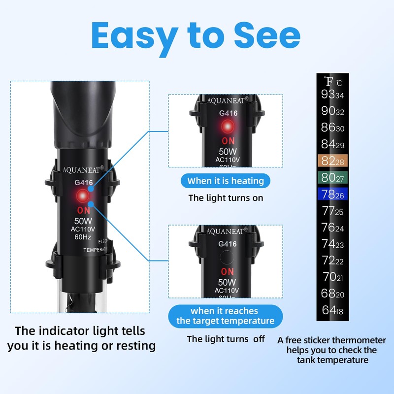 AQUANEAT Aquarium Heater, 50W Fish Tank Heater, Adjustable Submersible Water