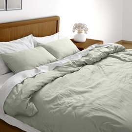 BIOWEAVES 100% Organic Washed Cotton Percale Weave Duvet Cover Queen Set | GOTS Certified Full/Queen Duvet Cover & 2 Pillow Shams – 88x92 inches, Sage