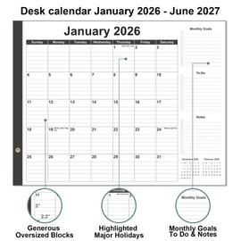 Large Desk Calendar 2026-22" x 17" Desk Calendar from January 2026 - June 2027, Desktop Pad Calendar Perfect for Planning and Organizing In Your Home, School or Office, Black